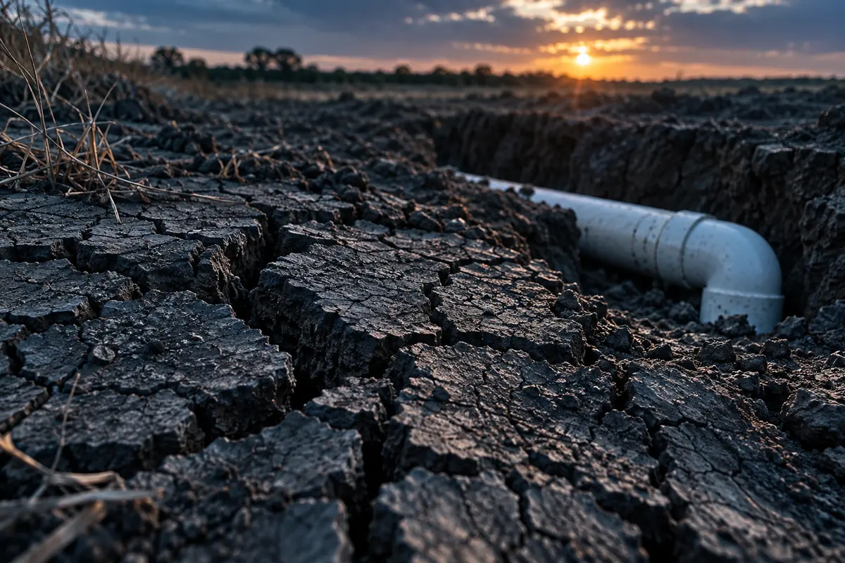 Dry cracked clay soil in a drought with a PVC sewer pipe showing in a trench