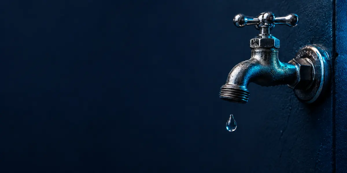 Chrome outdoor faucet with a drop of water falling from the spout
