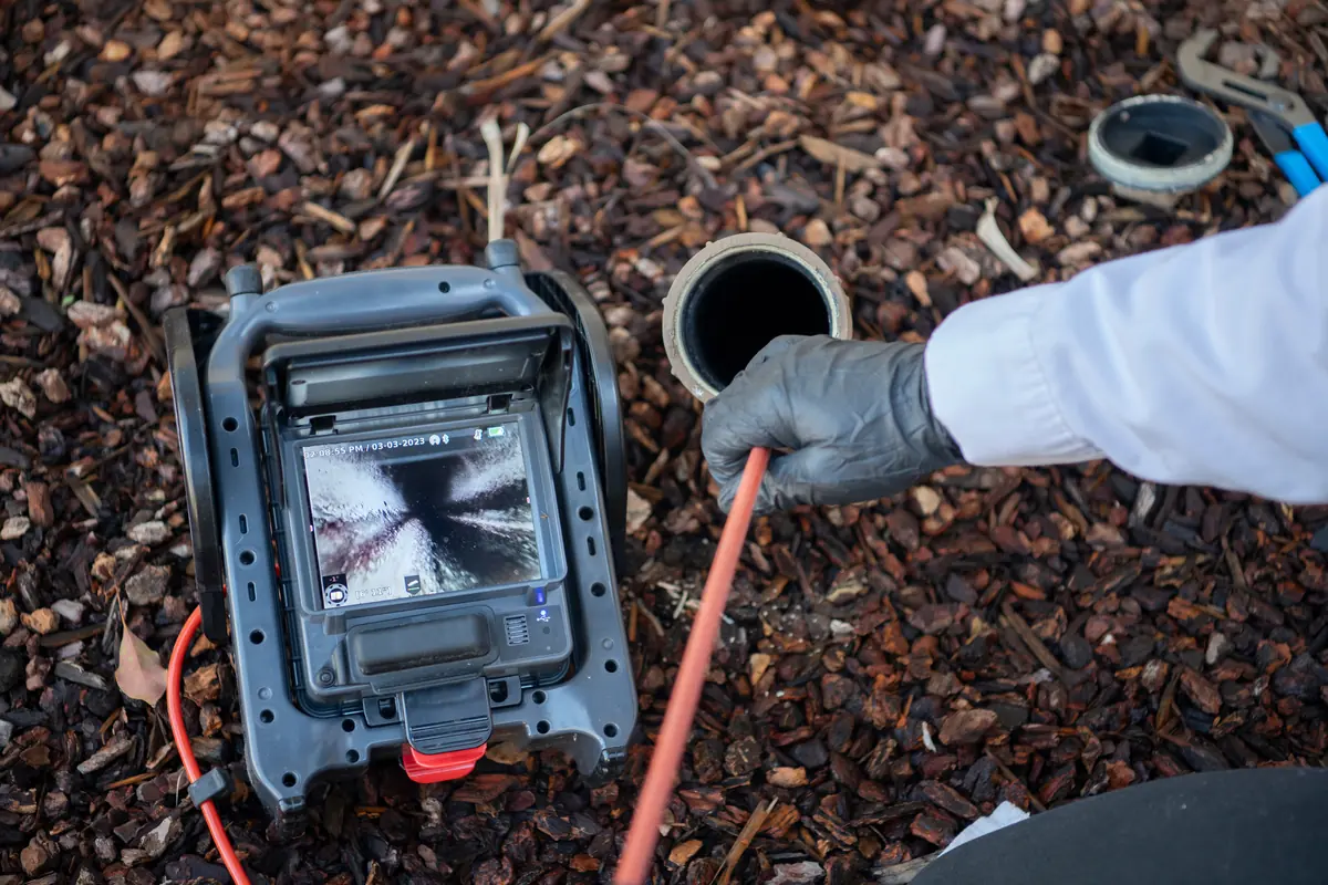 Sewer inspection camera feeding into a yard cleanout, with the monitor showing the inside of the pipe